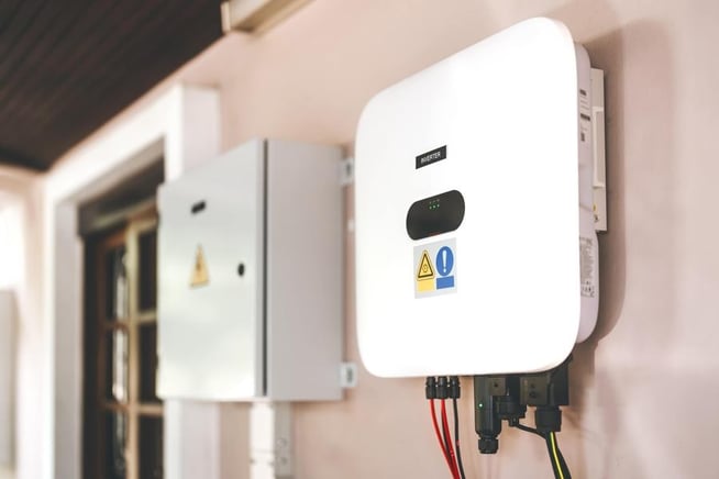 A white wall-mounted solar inverter with warning labels is installed next to an electrical panel, with colored cables connected at the bottom.