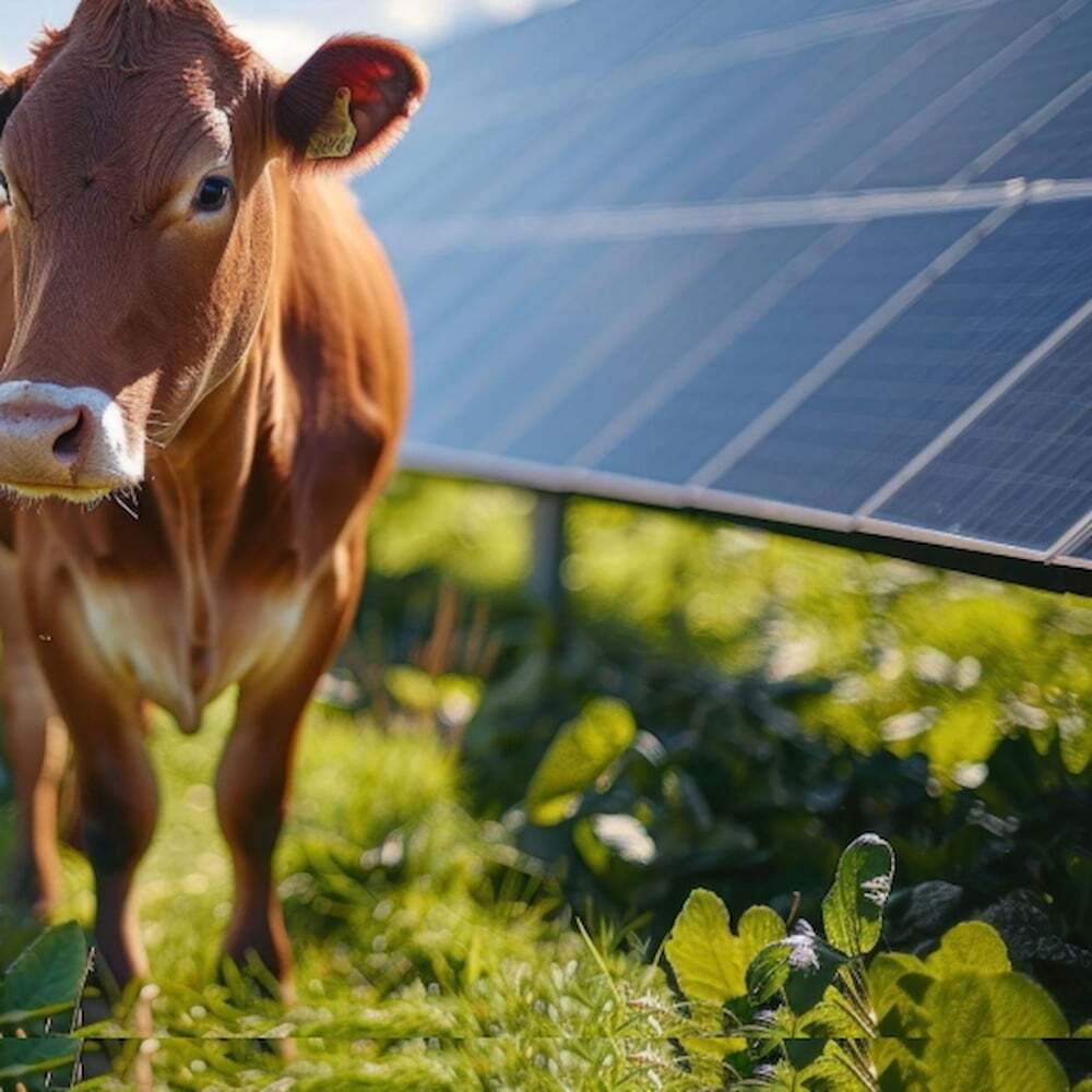 A brown cow stands next to solar panels in a grassy field under sunlight.